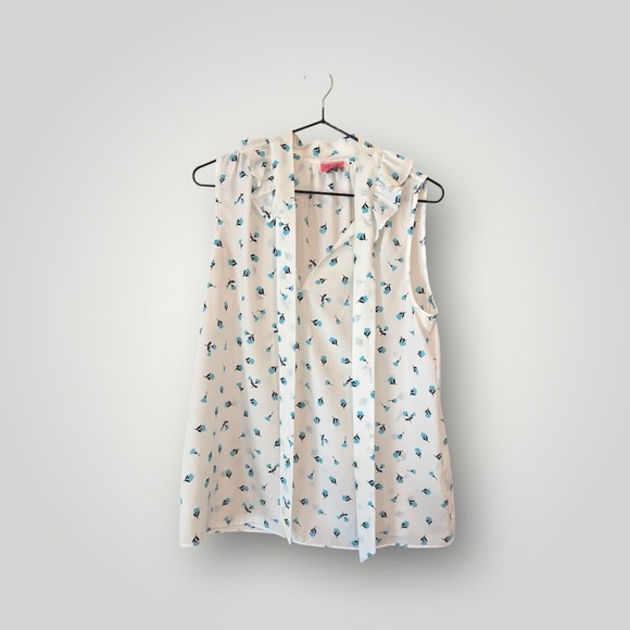 Kate Spade New York Tops - Kate Spade New York Womens White Blue Floral Tie Neck Ruffle Blouse Top Size M